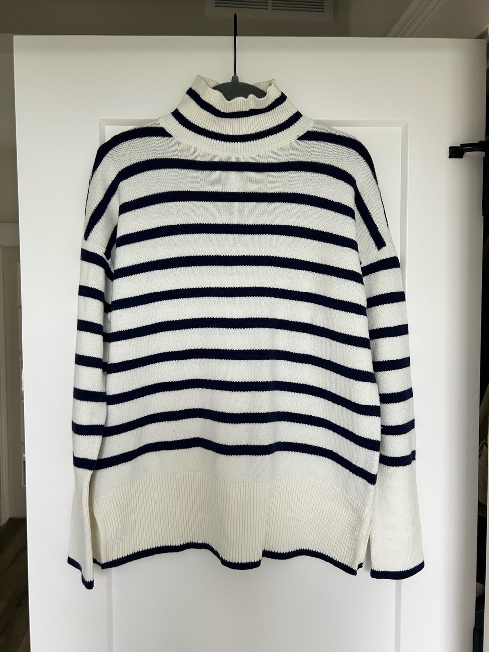 J. McLaughlin White & Navy Striped Turtleneck Sweater